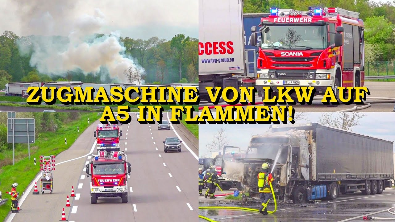 [ZUGMASCHINE VON 40-TONNER IN FLAMMEN] - LKW-BRAND auf A5 bei OFFENBURG - | FEUERWEHR | EINSATZFAHRT