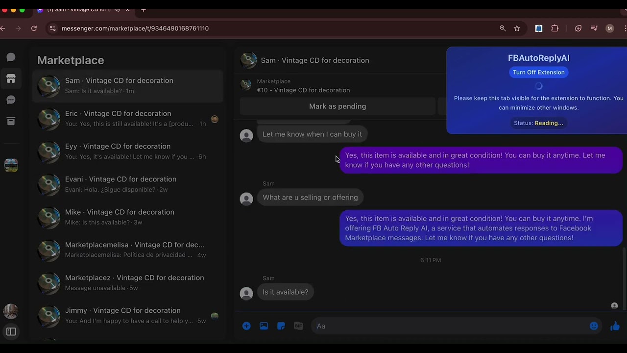 Facebook Marketplace Chatbot Extension | Automate Your Sales Process | fbautoreplyai