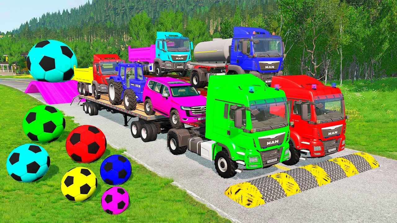 Flatbed Trailer McQueen Transportation with Truck - Speedbumps vs Cars vs Train - BeamNG.Drive #68