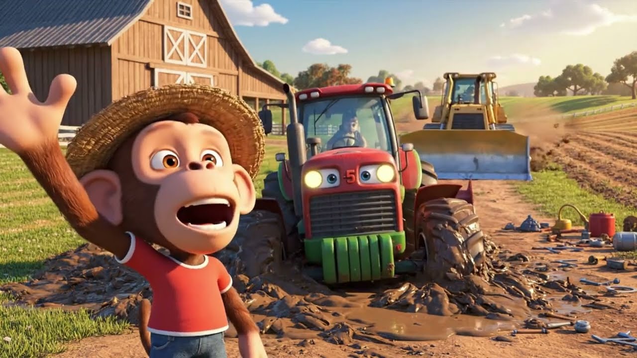 Farmer Monkey Cartoon Tractor Repair, Crane & Bulldozer Farm Work