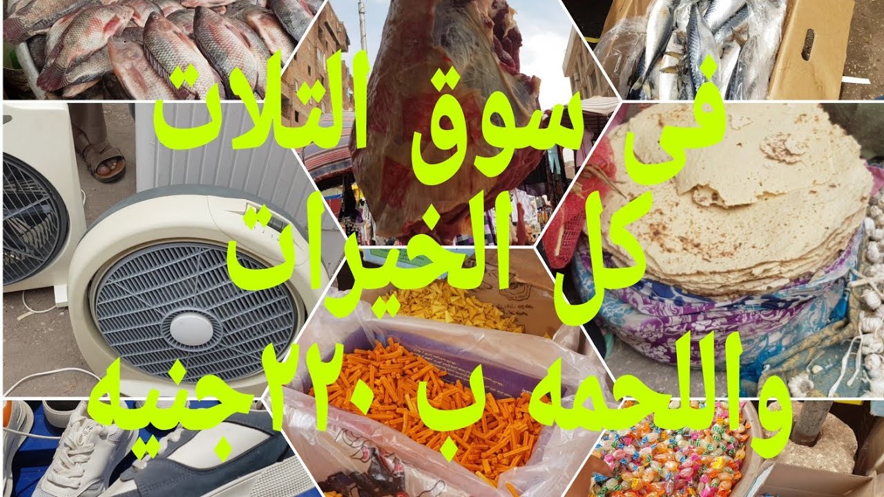 فى سوق التلات بالمنيب كل الخيرات فواكه وخضار واسماك ولحوم الكيلو ٢٢٠جنيه بلدى وكمان ملابس ومفروشات
