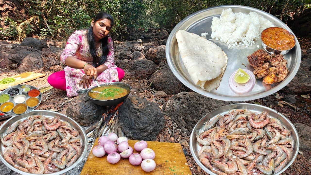 जंगलात बनवले कोळंबीचे झक्कास जेवण , कोळंबी रेसिपी | Prwans Thali recipe @kokanimasala 