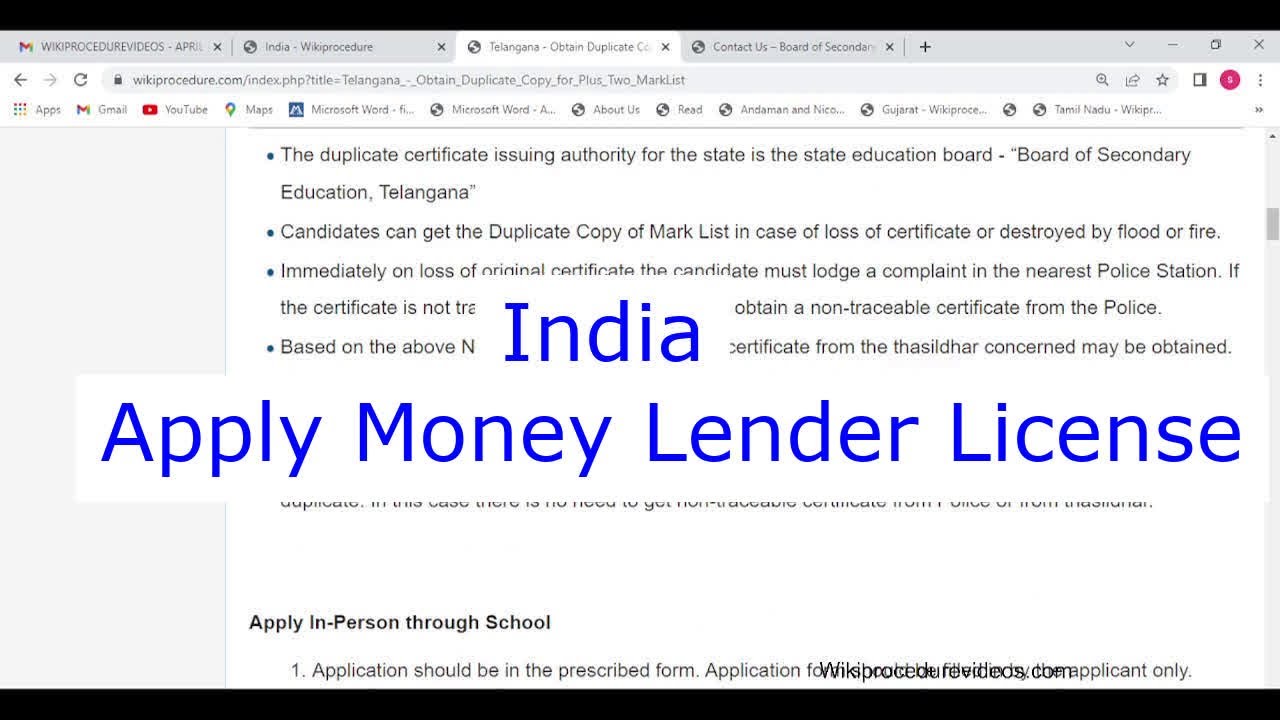 India - Apply for Money Lender Licence (Online)