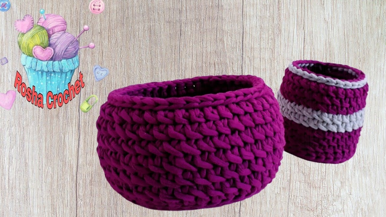 كروشيه باسكت بغرزة جميلة/ سلة / بوكس / بونبونيرة كروشيهbox Crochet/ Crochet basket with T_shirt yarn