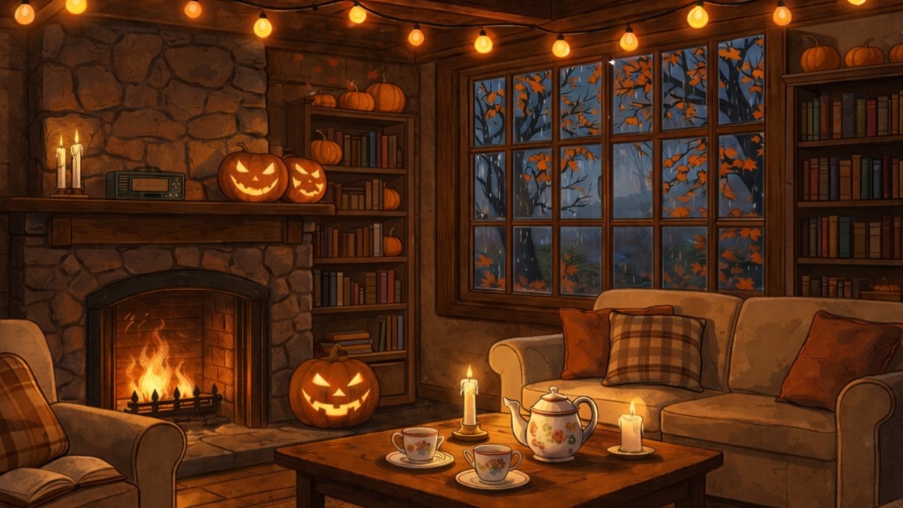 Cozy Cottage 🎃 1930s Halloween Jazz Ambience | Rainy Autumn Night Fireplace | Sleep, Study & Relax