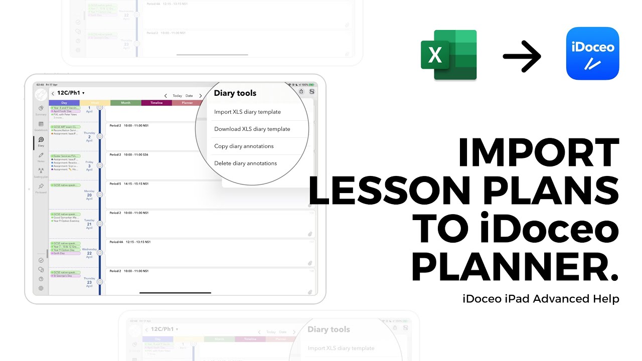 How to import lesson plans from Excel to class diary in iDoceo 6 teacher planner iPad app?