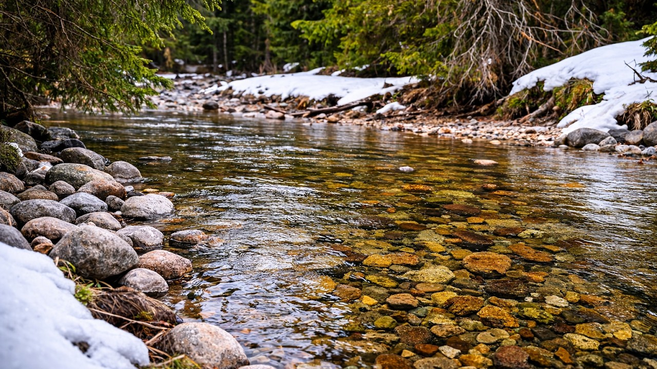 Spring Mountain Stream Sounds for Sleep | Relaxing Water & Melting Snow (6 Hours)