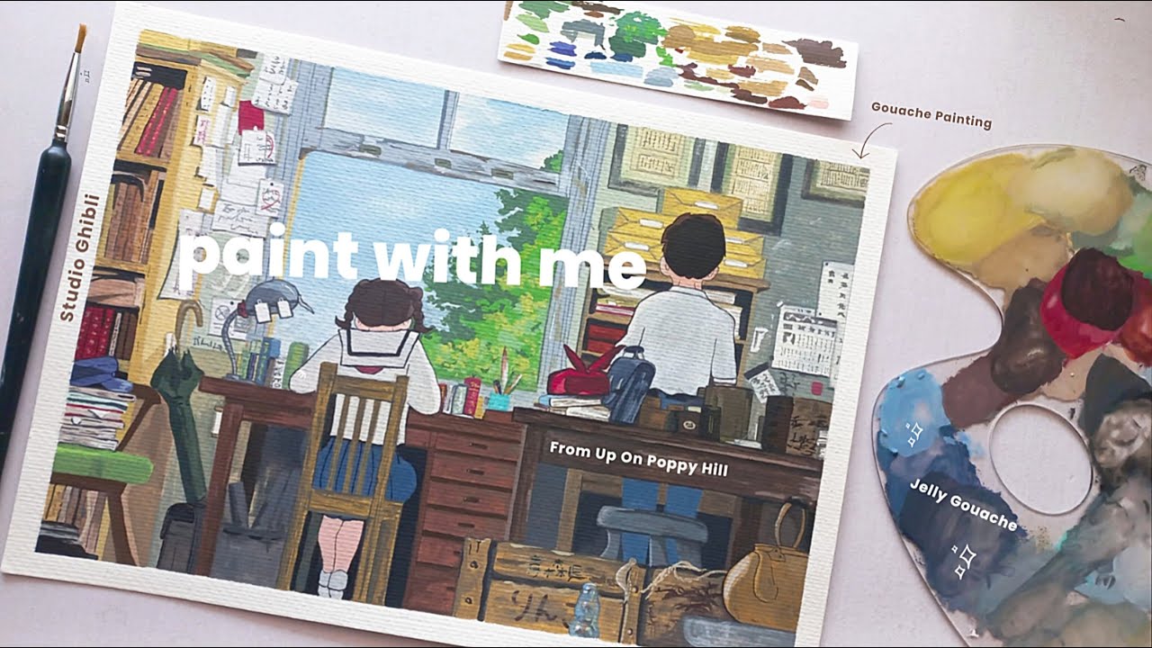 🌲paint with me : DETAIL gouache painting studio ghibli | from up on poppy hill | too much detail!!!📚