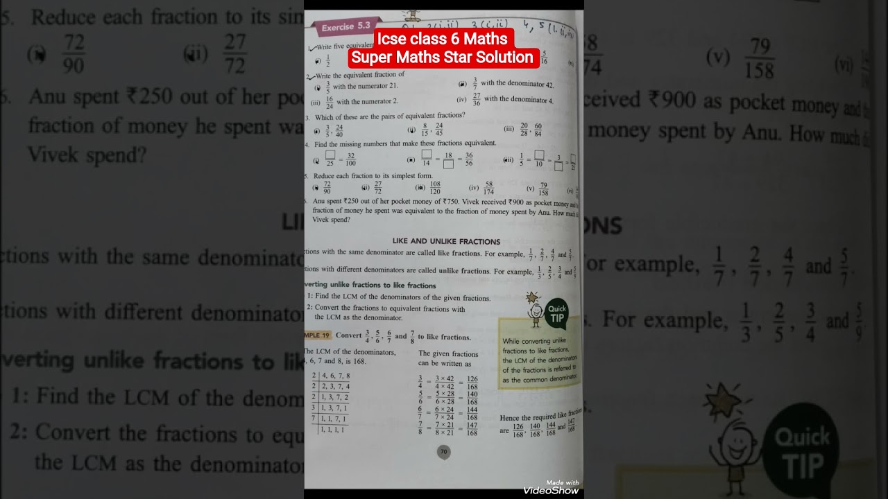 Super Maths Star icse class 6, Chapter 5 Fraction #shorts #fractions