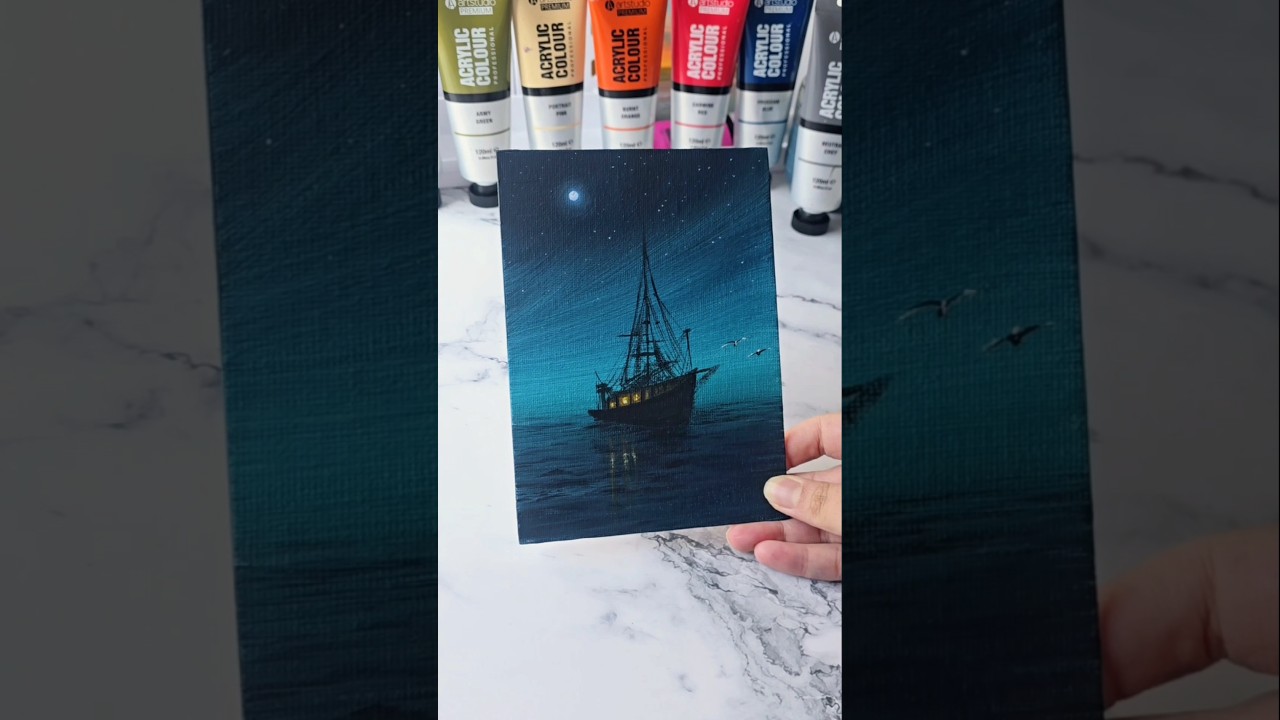 Night sky seascape / acrylic painting on 5x7