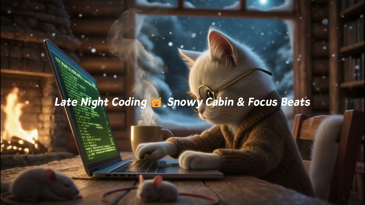 Late Night Coding 🐱 Snowy Cabin & Focus Beats