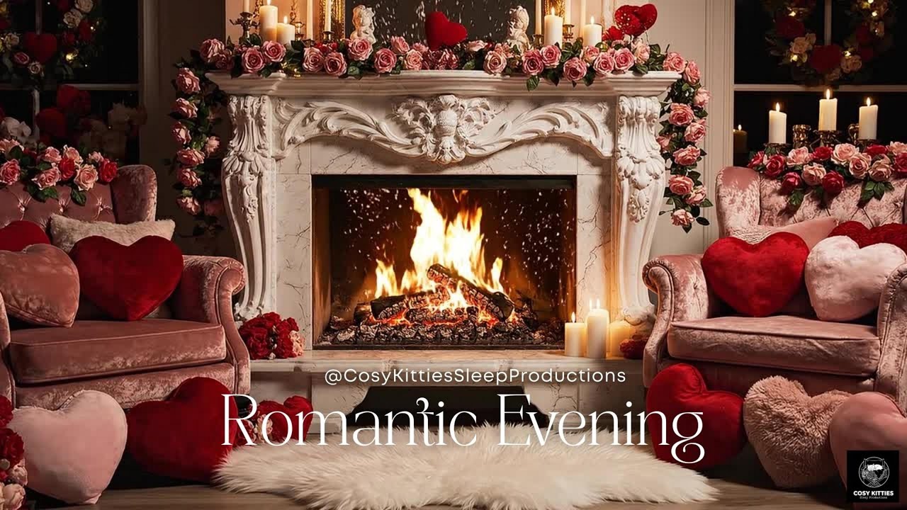 Romantic Evening Ambience 💖 Cozy Fireplace with Pink Roses & Hearts | Valentine's Day (6 Hours)