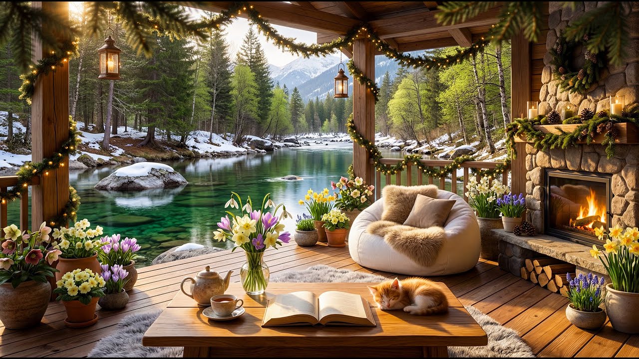 Relaxing Nature Ambience 🌸🔥 Fireplace, Clear River, Fresh Green Forest