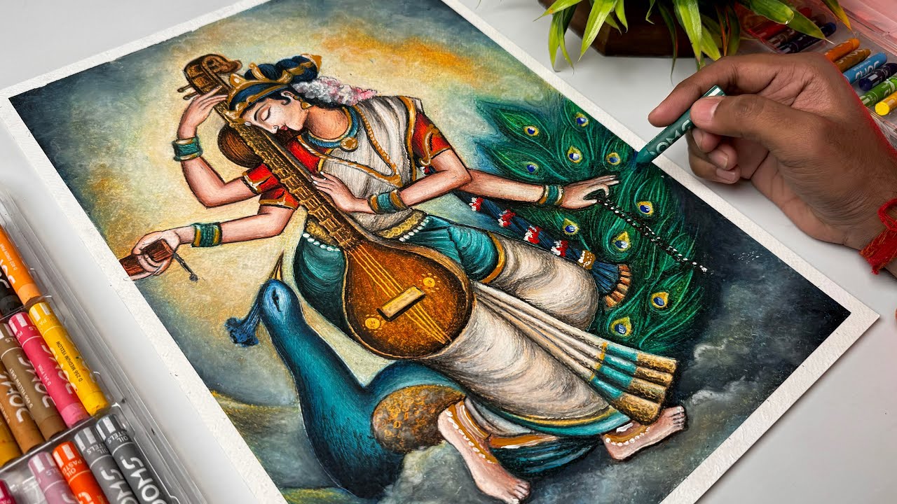 Saraswati Mata Drawing,  Oil Pastel Drawing,  Tutorial