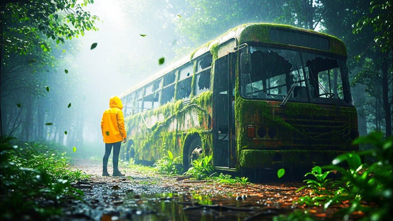 I Turned an Abandoned Bus Into a Hidden Jungle Home — Heavy Rain ASMR