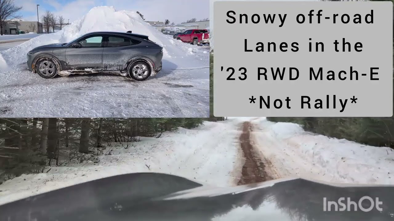 RWD Mach-E Select EV drives on rural Canadian Lane in Winter. Off road slippery weather capability