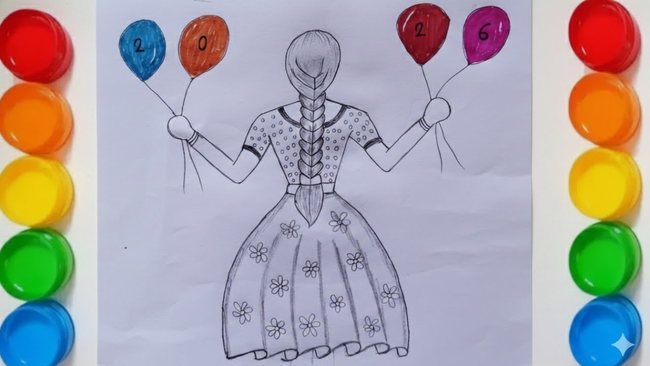 How to draw a Girl with Balloons-New year 2026|| pencial skecth drawing tutorial||Gril drawing 