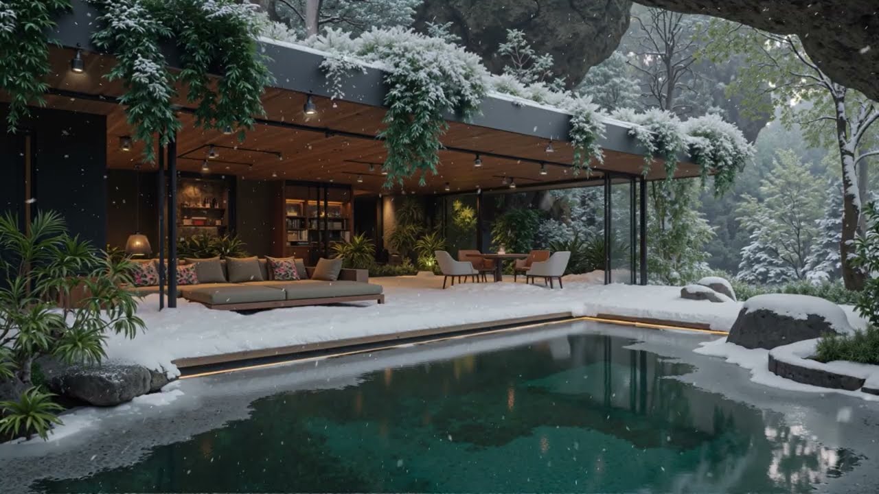 Snowy Forest Villa Jazz ❄️ Luxury Winter Retreat by the Pool, Calm Nature Ambience & Smooth Jazz