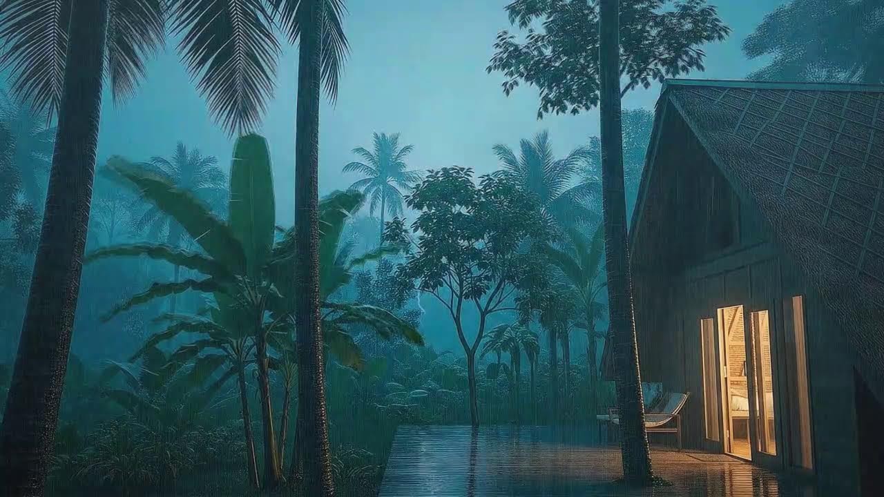 Fall Asleep Fast with Steady Rainfall and Distant Thunder Echo at Forest Cabin Terrace 🌧️