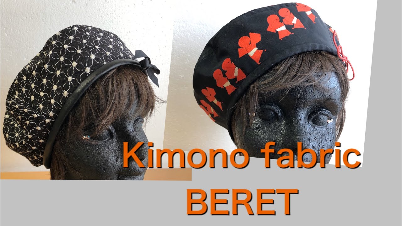 あまり布で、着物でベレ－帽　サイズ調整リボンが可愛い　beret　Size -adjustable