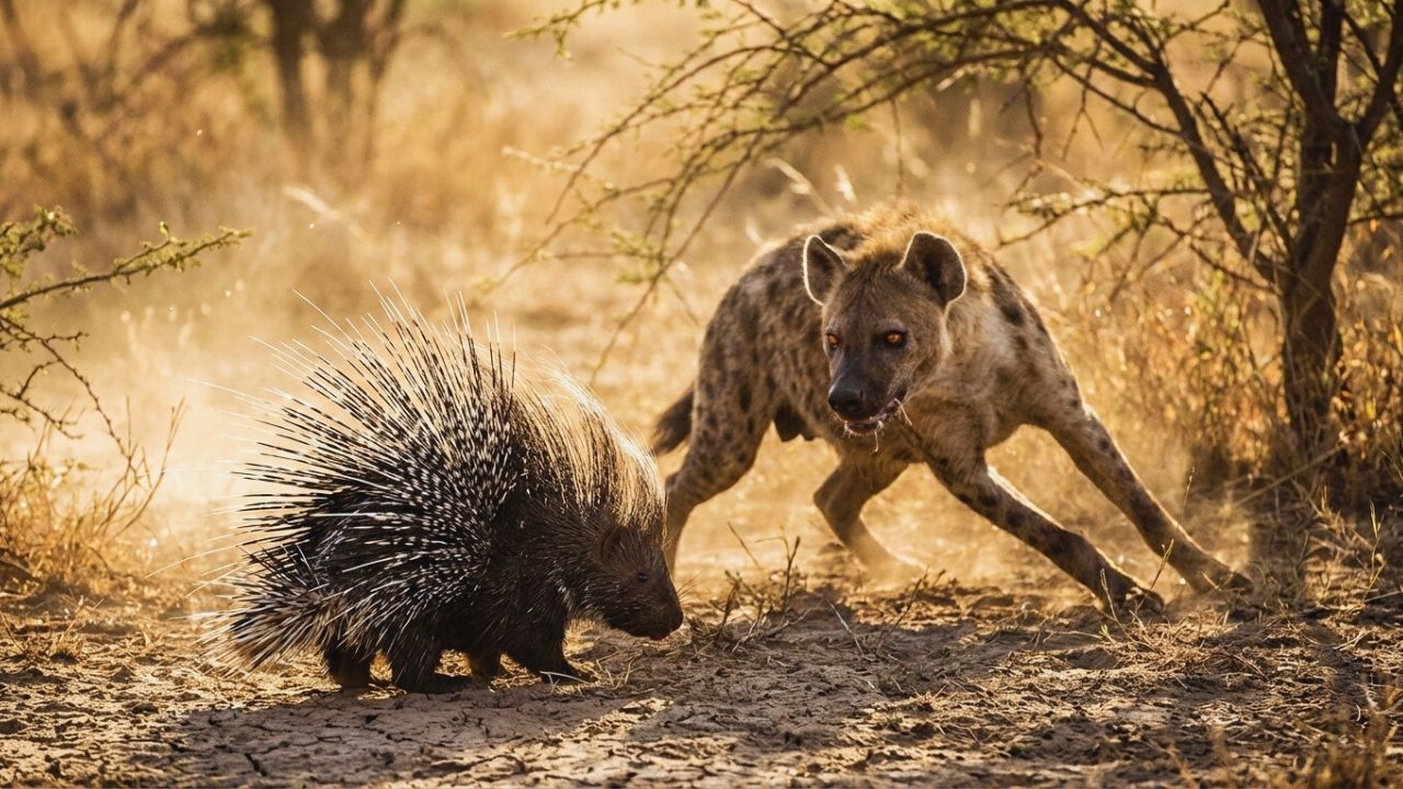 Little Hedgehog Confronts Hungry Hyena – An Unexpected Outcome!