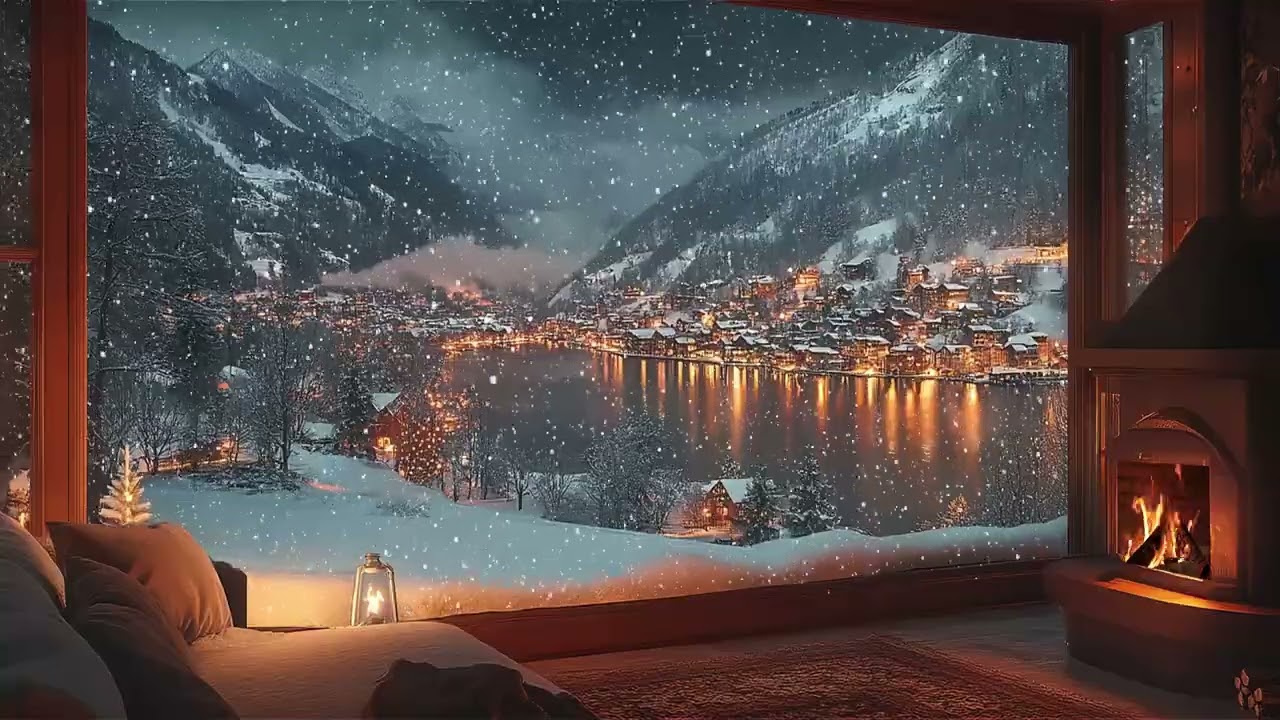 Heavy Snowfall in the Quiet Night | Fierce Winter White Noise & Gentle Fireplace Glow