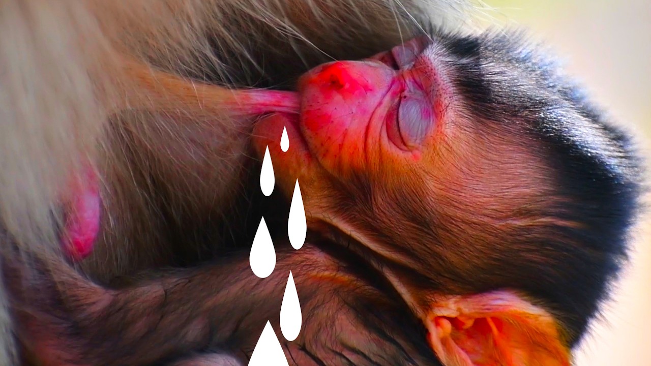 The cute little monkey is hugging its mother tightly to get milk and care all the time