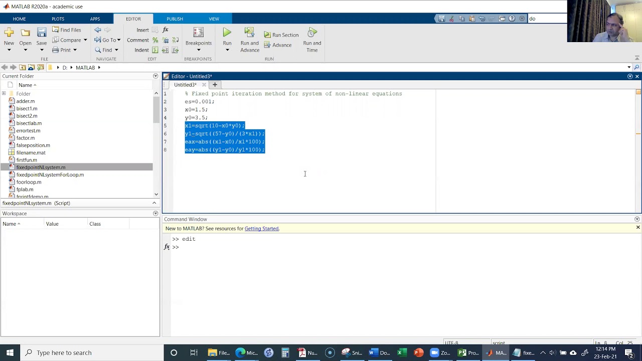 Lab 2021 02 23 MATLAB scripts - Non-linear system of equations and Roots of Polynomial Equations