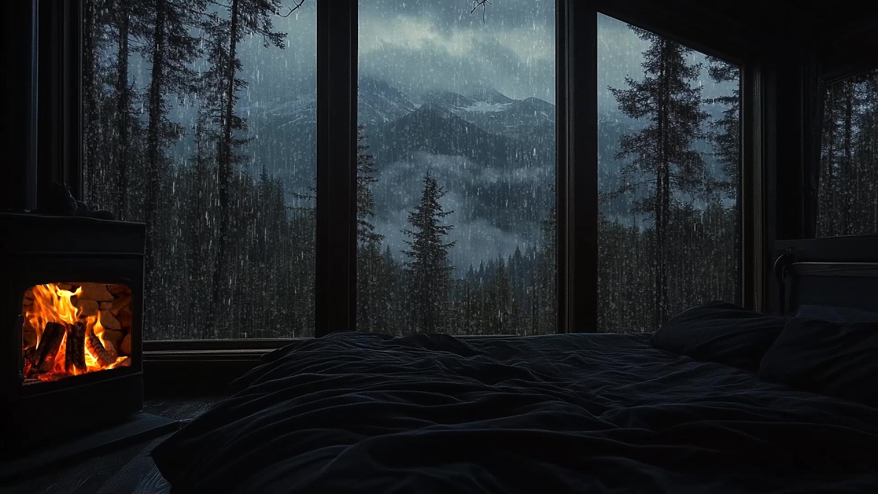 Gentle Rain Piano in Mountain Cabin 🌧️ | Fireplace Glow by the Window | Calm Night Relaxation