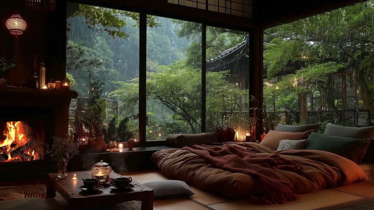 3 Hours Rain Sounds & Cozy Fireplace – Warm Bedroom Ambience, Stress Relief