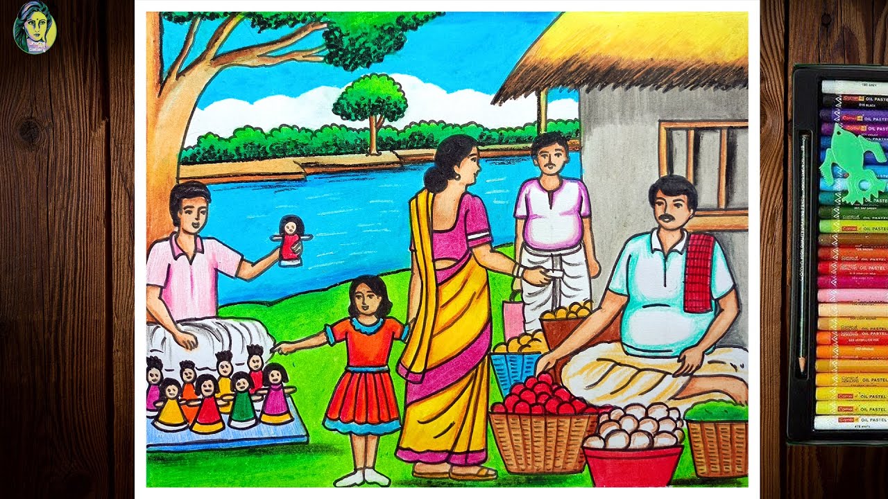 Village Market Drawing Easy | How To Draw Village Market | Market Scenery Drawing | Bazar Drawing