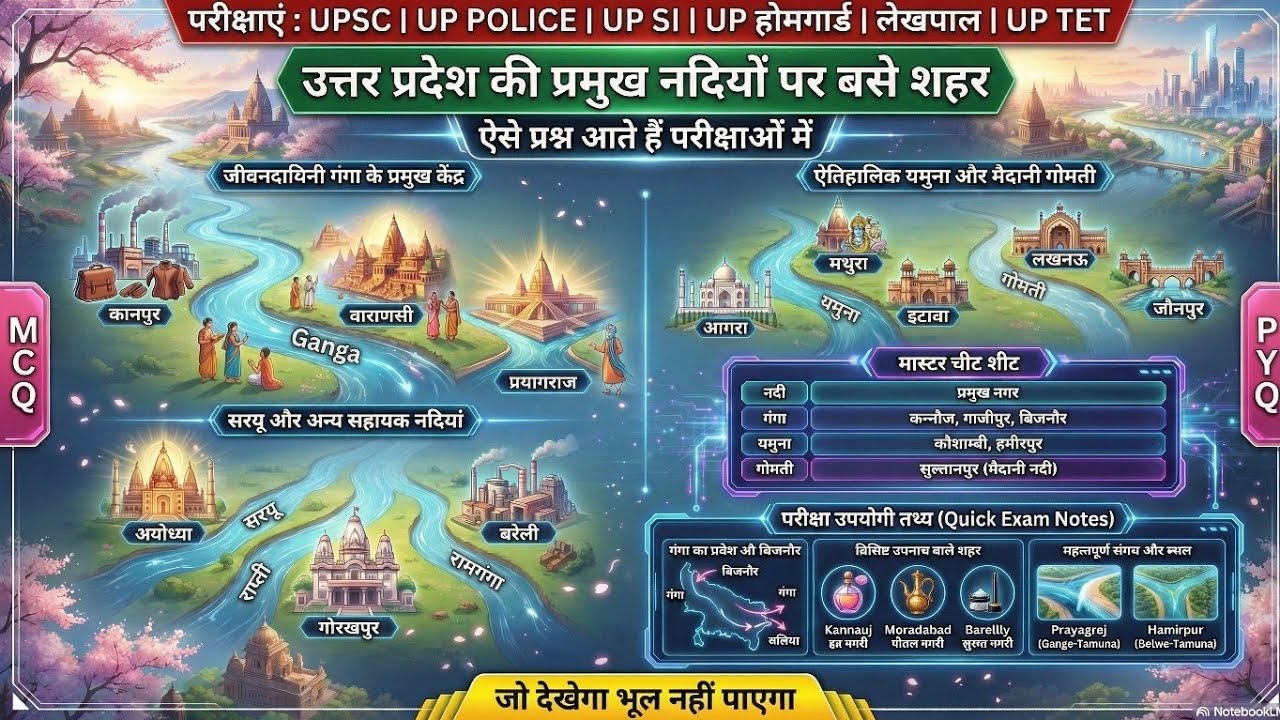 उत्तर प्रदेश की प्रमुख नदियों पर बसे शहर | Ganga Yamuna Gomti Cities | UP GK 2026 | 