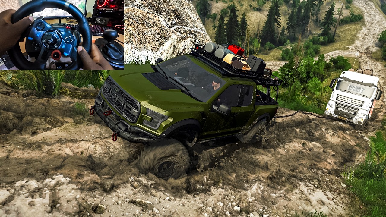 MudRunner - Extreme Off Road Recovery as Ford Truck Pulls a Stuck Log Truck