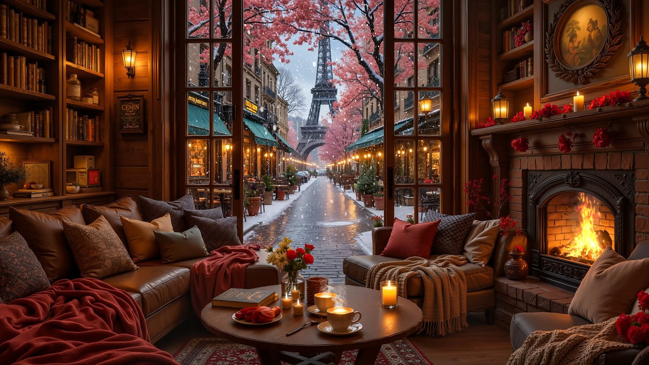 Winter Coffee Shop Jazz in Paris ❄️ Cozy Ambience & Crackling Fireplace for Study & Focus