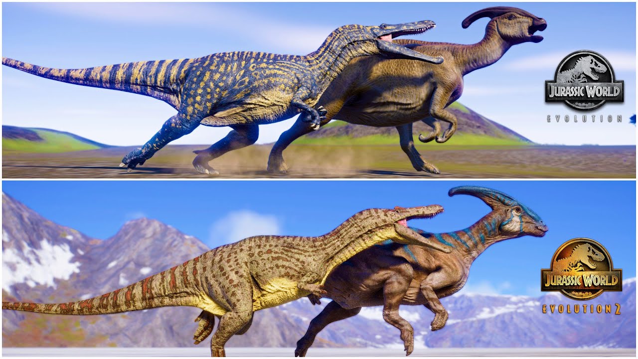 JWE1 vs JWE2   SUCHOMIMUS Hunting Animations vs All Dinosaurs