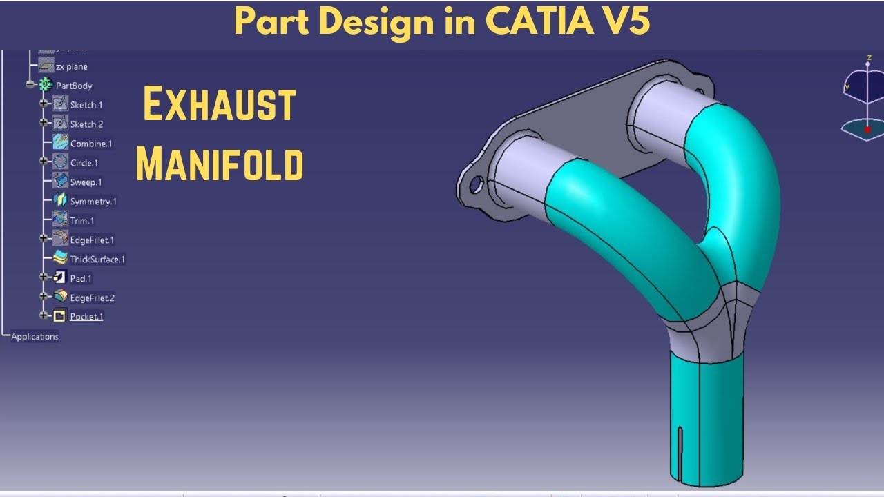 exhaust manifold design in CATIA V5 | Part design & Wireframe Surface Design | CAD359