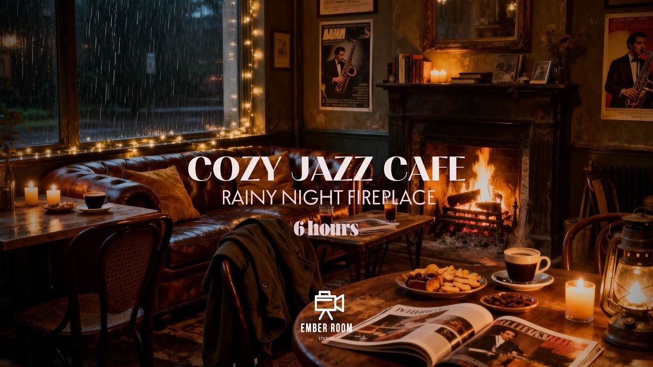 Cozy Jazz Café Ambience ☕ Rainy Night Fireplace Jazz | Relaxing Coffee Shop Music (6 Hours)