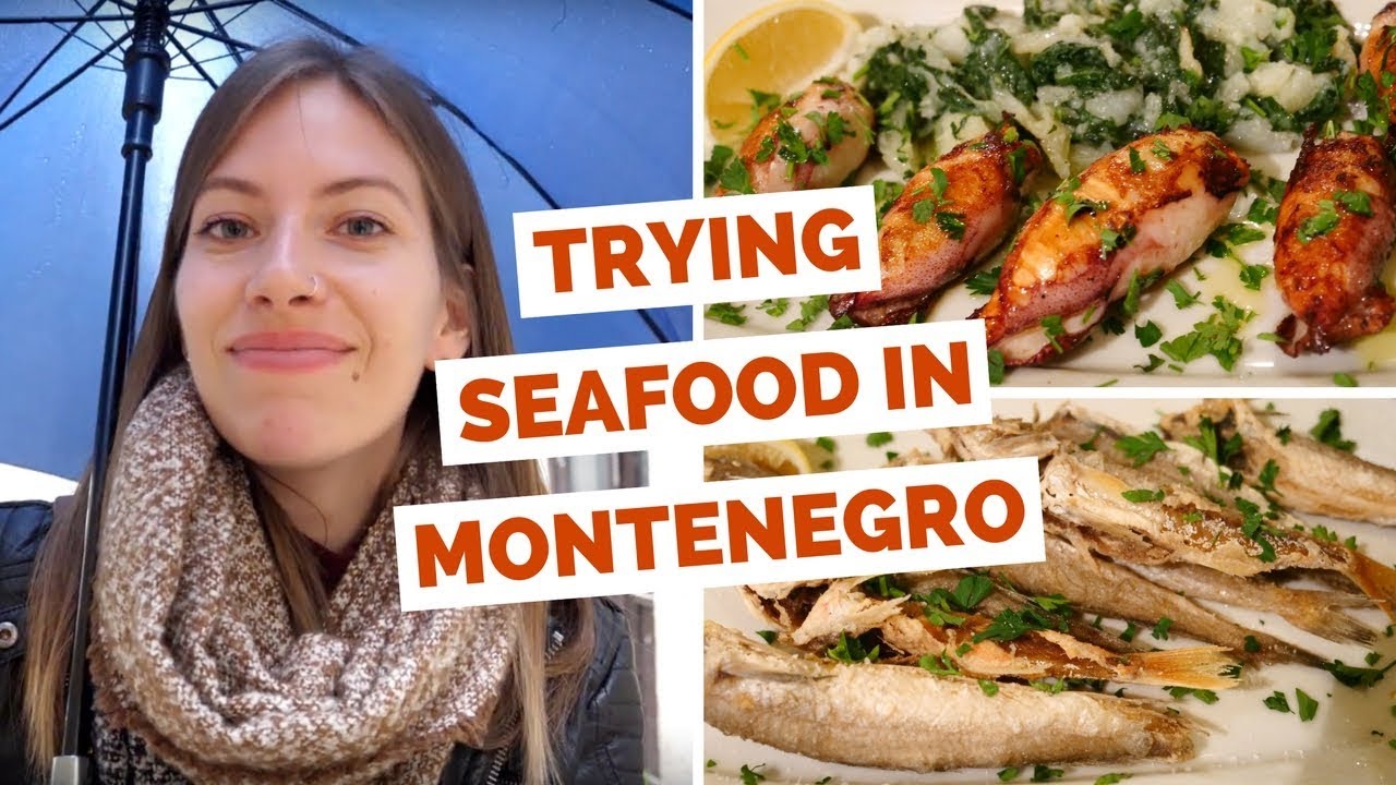 Еда местных блюд из морепродуктов в Которе, Черногория