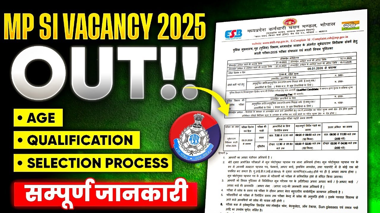 MP SI Vacancy 2025 OUT | Age, Qualification, Selection Process | MP Police SI Notification 2025