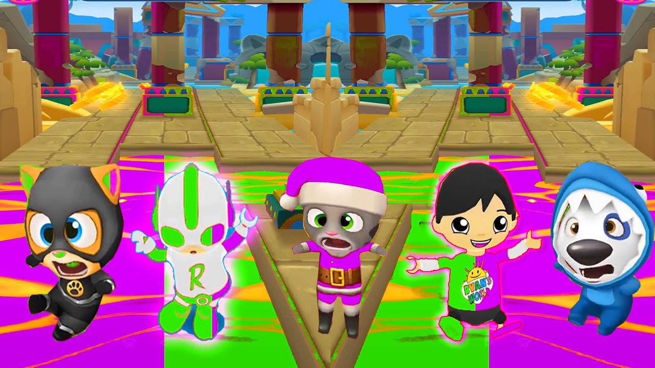 TALKING TOM GOLD RUN ALL SUPER CHARACTERS GREEN LAVA VS STRAWBERRY LAVA FALLS DOWN VS RICOCHET RYAN