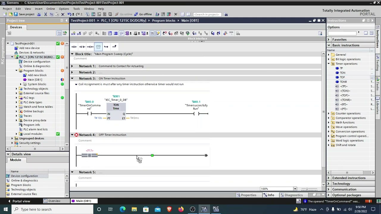 TIA portal: ON Timer, OFF Timer, Pulse Generator Timer and Negative Edge Instruction