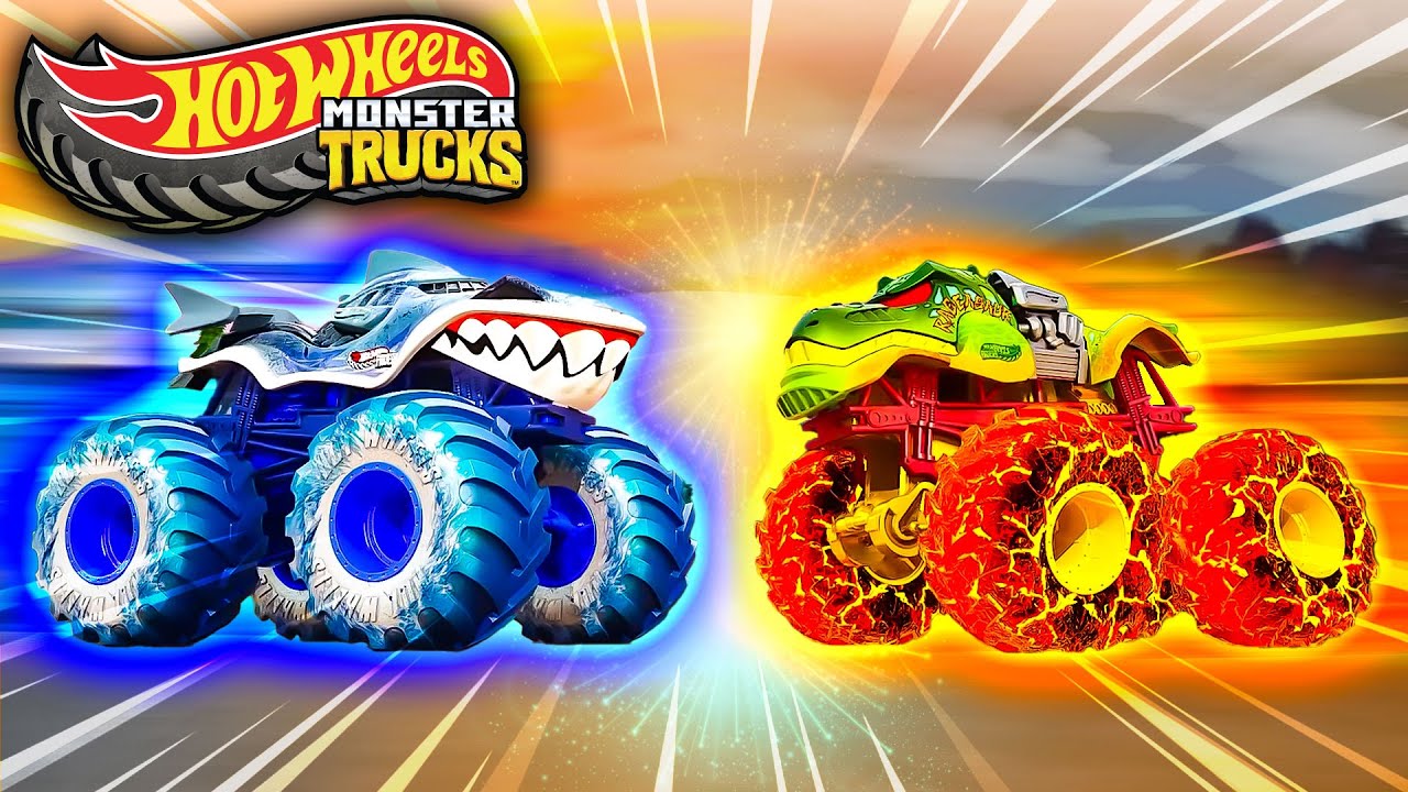 Hot Wheels Monster Trucks divisés en Équipe Requins vs Équipe Dinosaures !