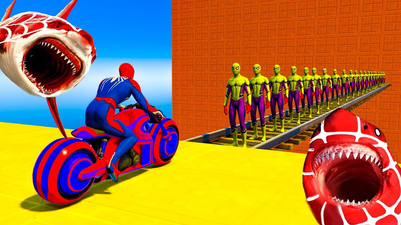GTA V. Spiderman Rides Crazy Map, While His Friends Are Eaten By Shark. Challenge Map - By Trevor