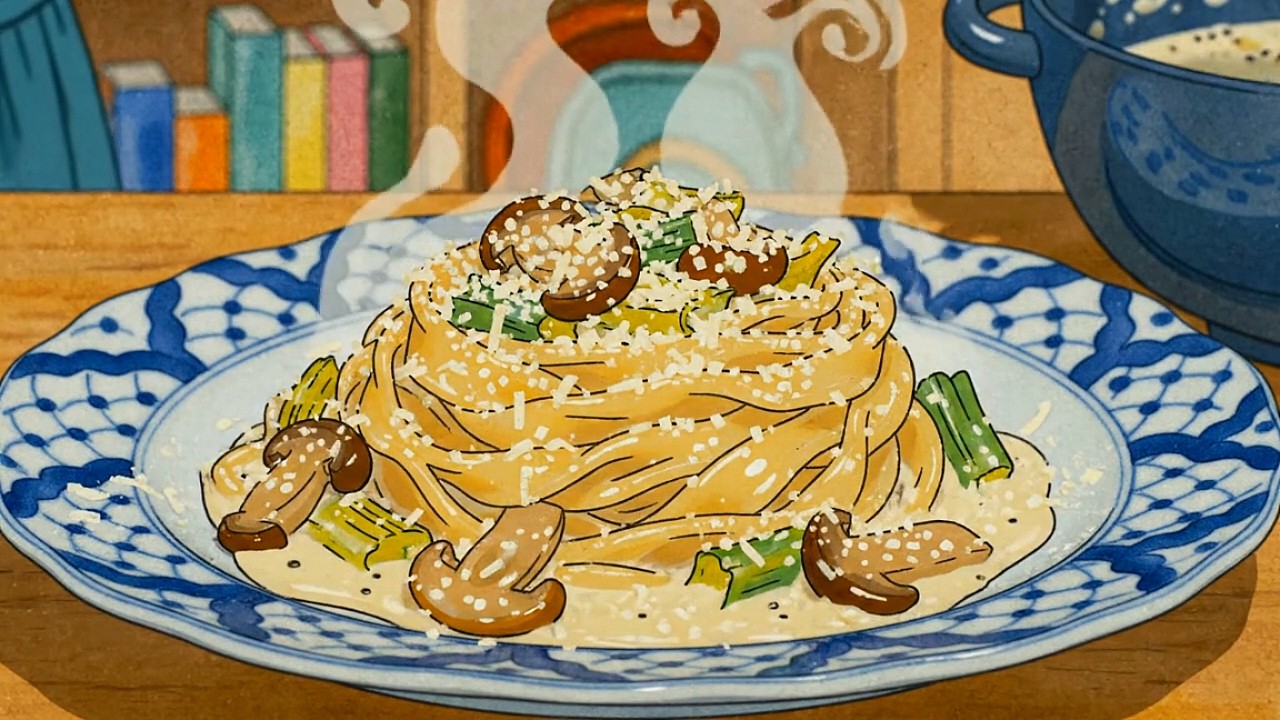 living alone in rural uk: salmon herb butter, creamy mushroom pasta, lemon chicken - ghibli style
