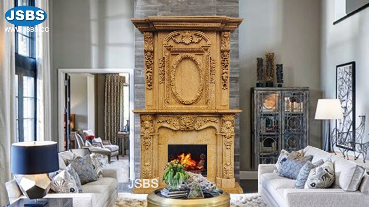 Big stone home restoration art renovation yellow marble fireplace mantel surrounding frame furniture