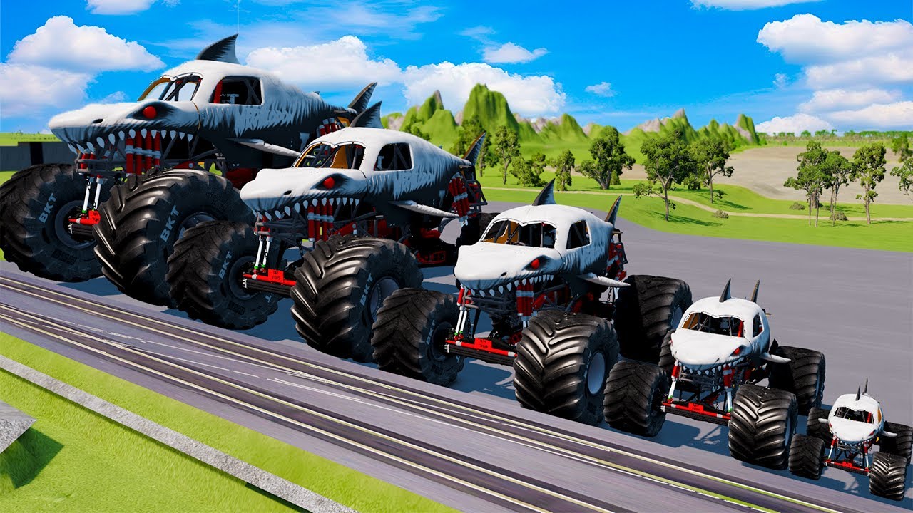 Big & Small Long Monster Jam Megalodon vs Trains | BeamNG.drive