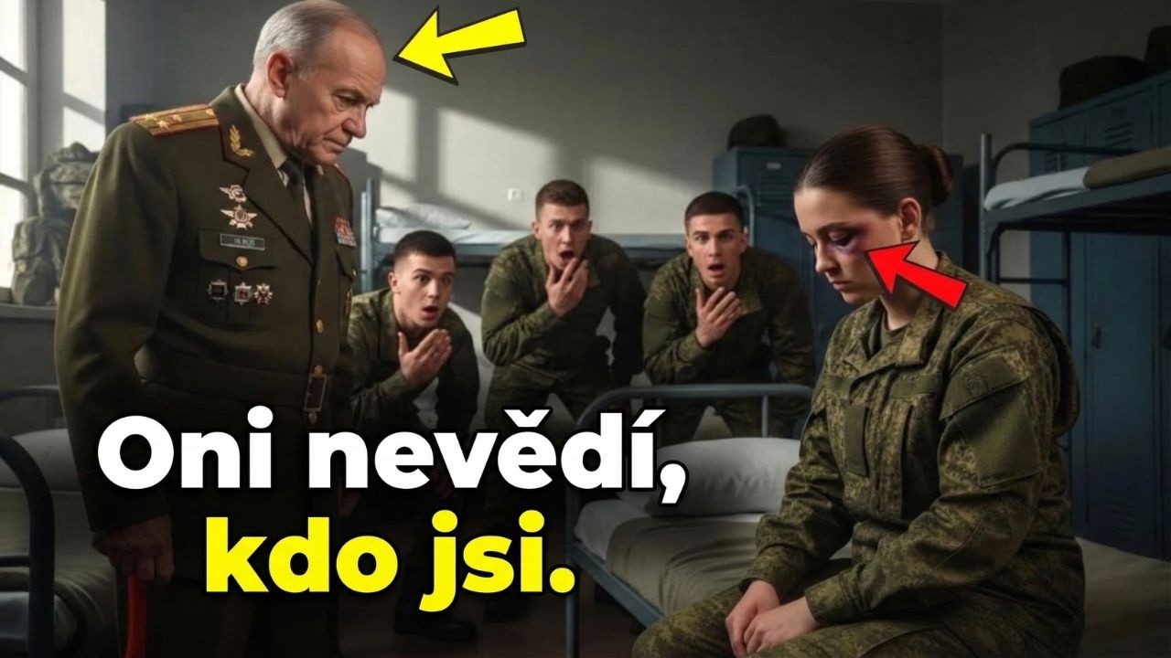 Generál si všiml modřin na tváři vojákyně. 