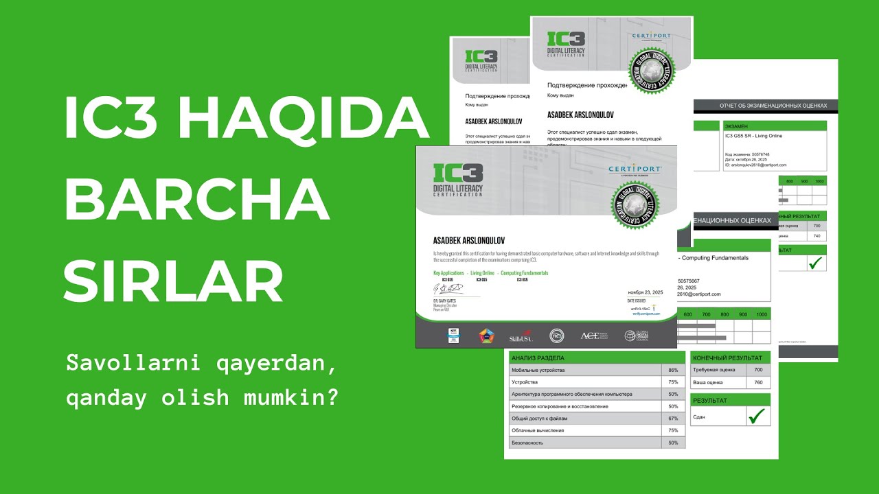 IC3 sertifikati savollarini qayerdan olish mumkin?