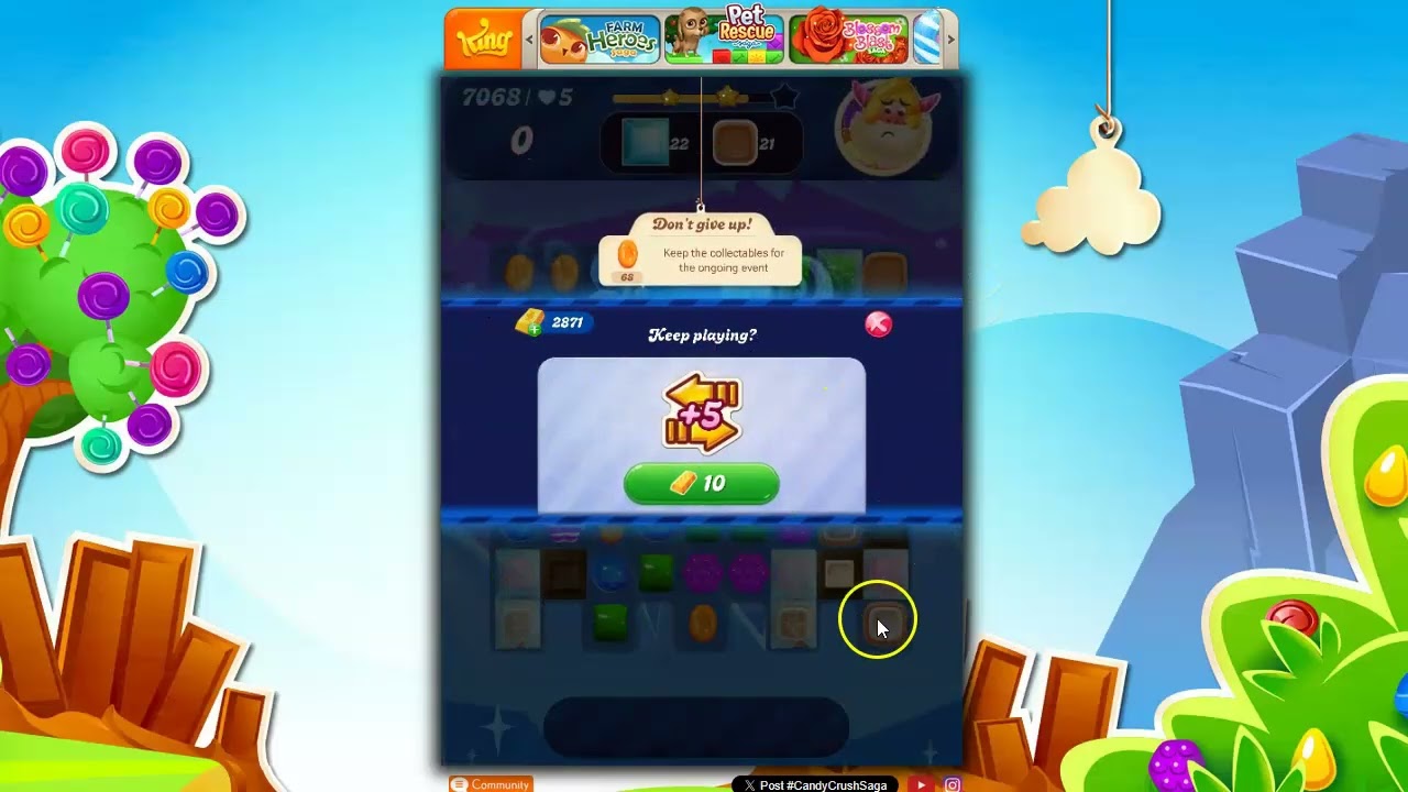 Прохождение уровня 7068 в Candy Crush, 21 ход, 0 бустеров.