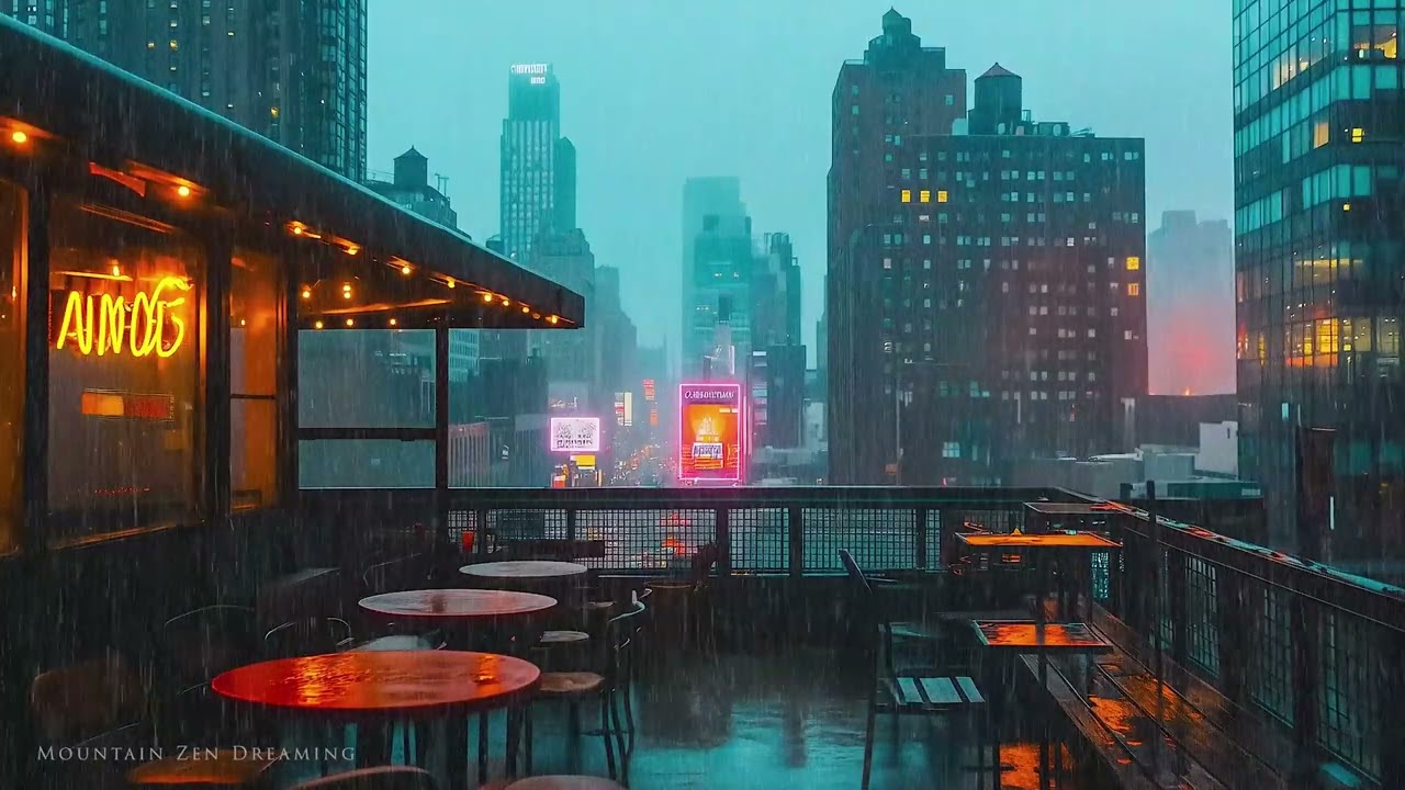 Rainy Rooftop Café in the City - Enjoy Relaxing Rain Sounds and Ambient City Noises for Sleep